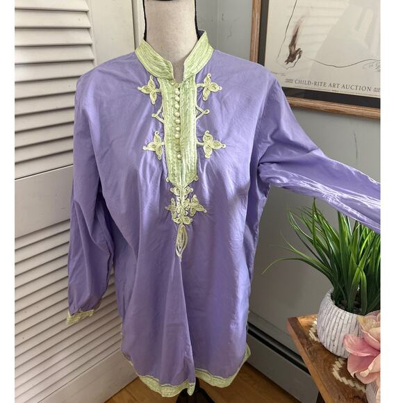 SOFT SURROUNDINGS Womens Tunic 1X Purple Green Trim Bohemian Beach Coastal - Picture 1 of 12